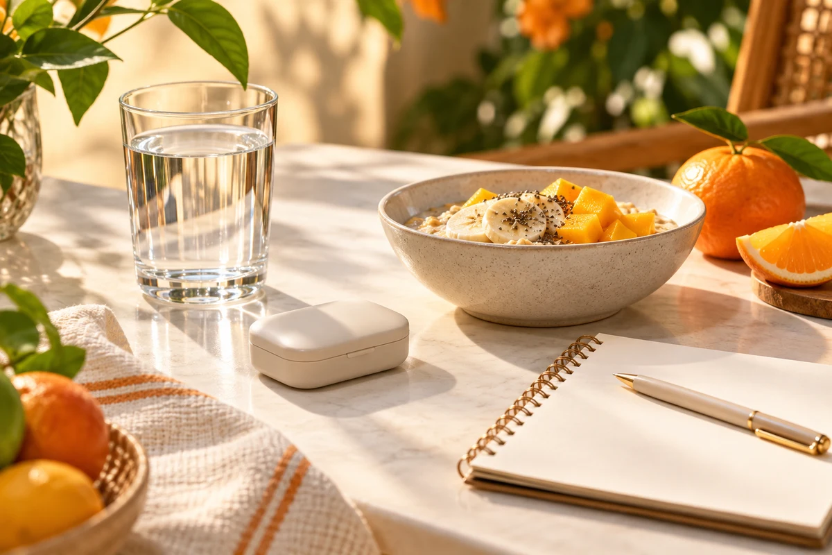 Verre d’eau, petit-déjeuner et carnet pour la routine quotidienne